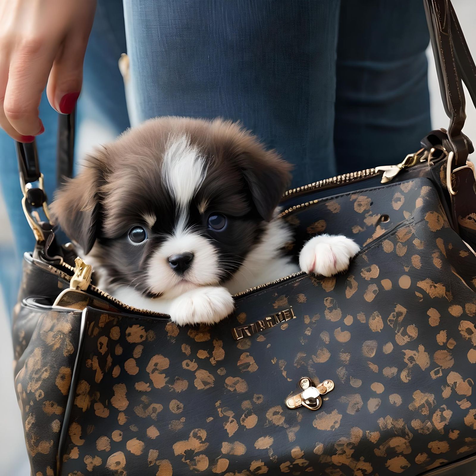 Puppy Peeking Out of a Woman's Purse
