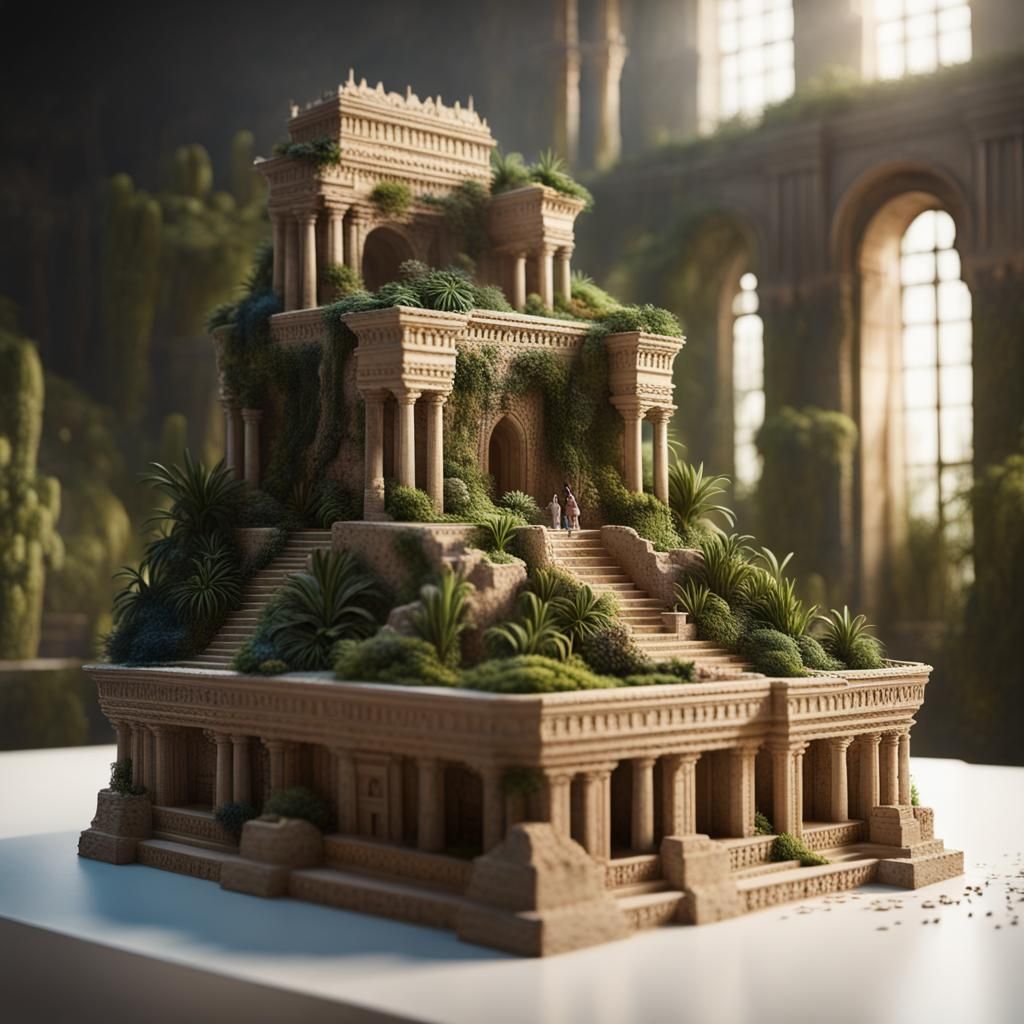 Miniature clay model of hanging gardens of Babylon.
