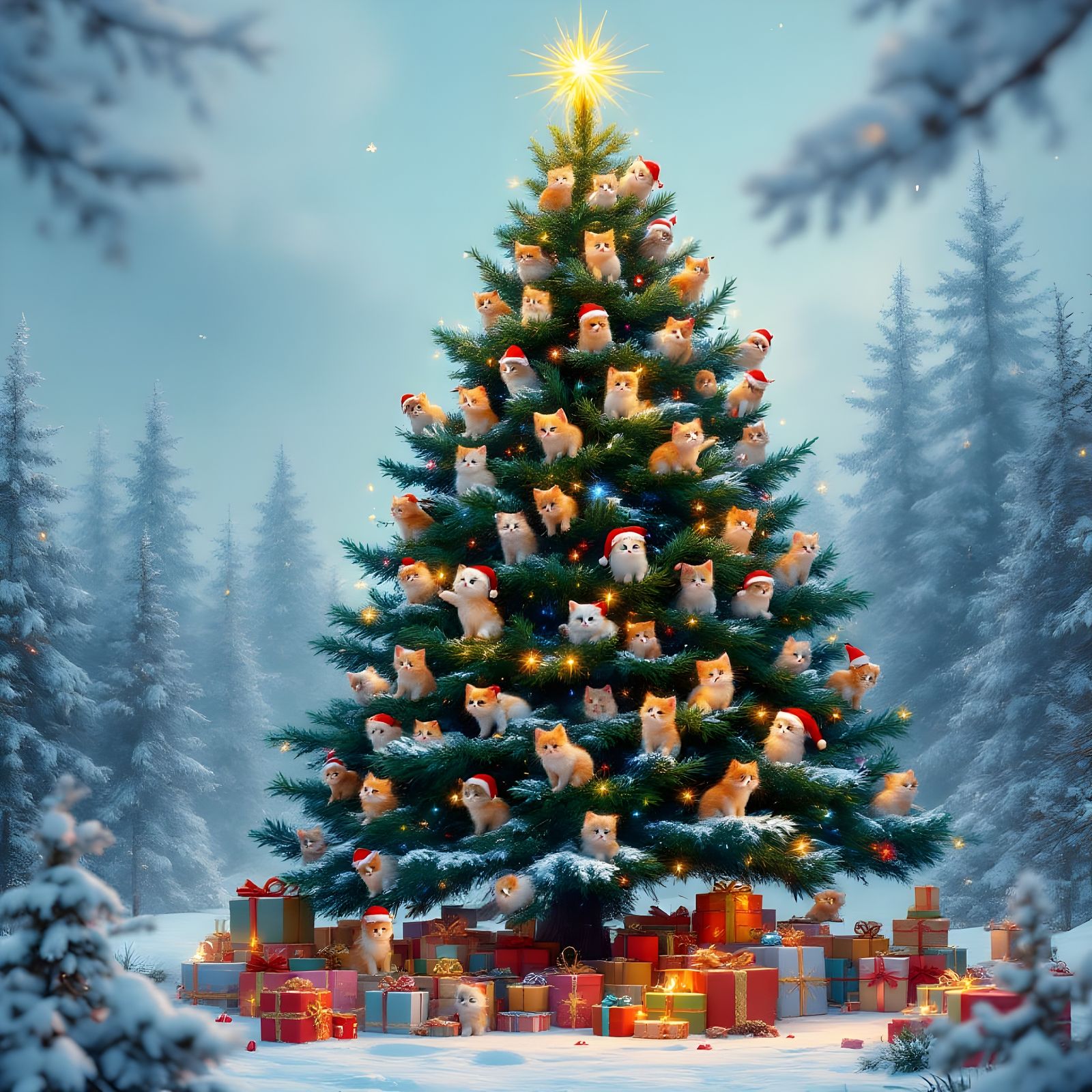 Whimsical Christmas Tree in Wonderland, Kittens in Holiday C...