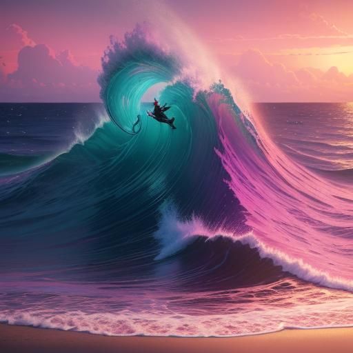 Pink Sunset Over Beach Waves in Detailed Digital Art