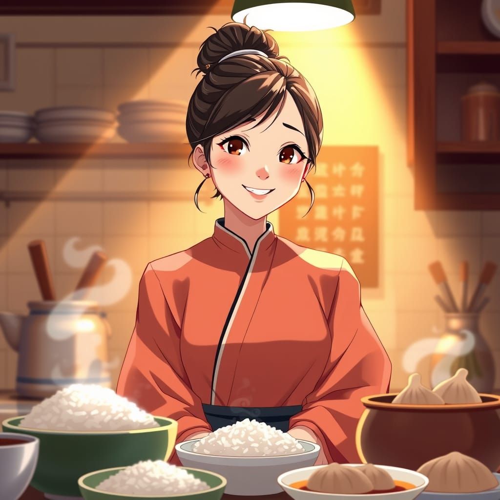 Elegant Asian Tradwife in Cozy Kitchen