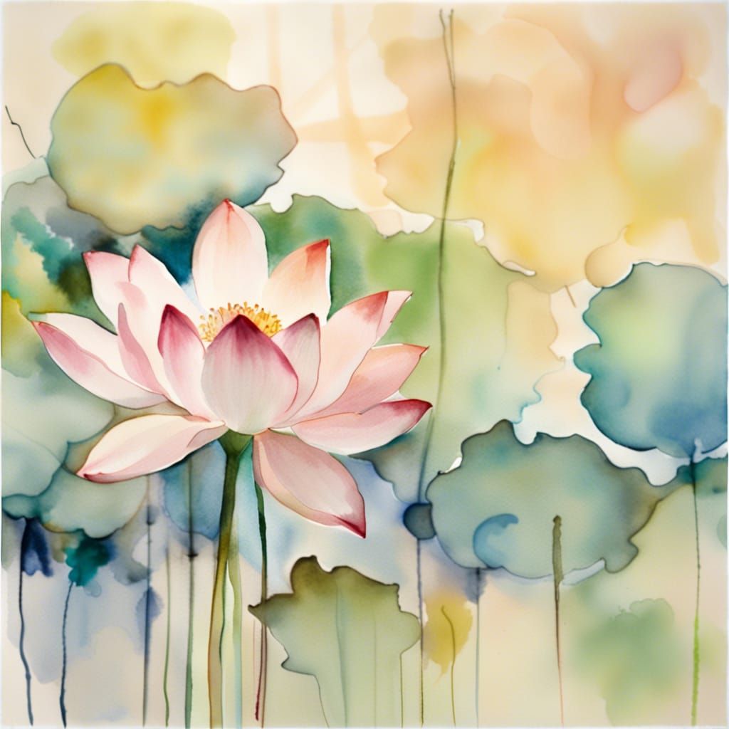 Impressionistic Lotus Flowers in Pale Watercolor
