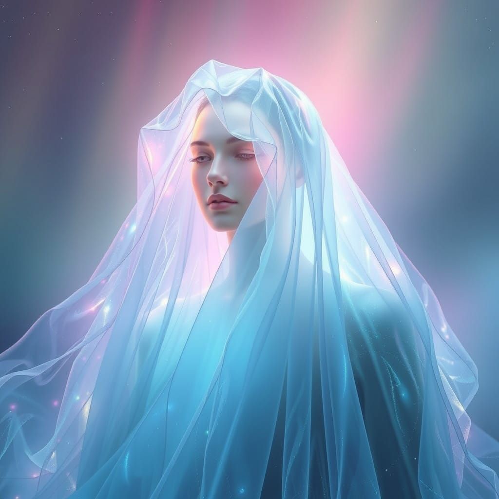 Divine Androgynous Figure in Iridescent Veils