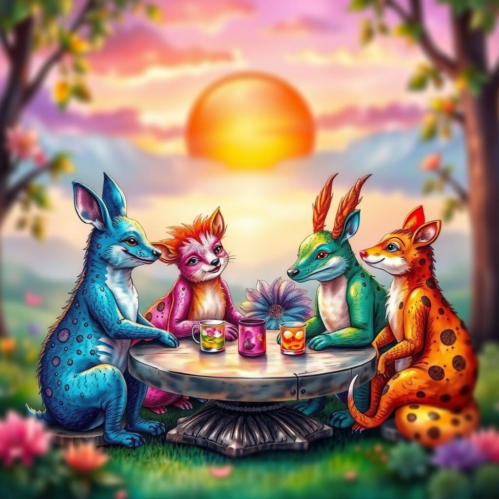 Fantasy Creatures Gather in Vibrant Sunrise Celebration