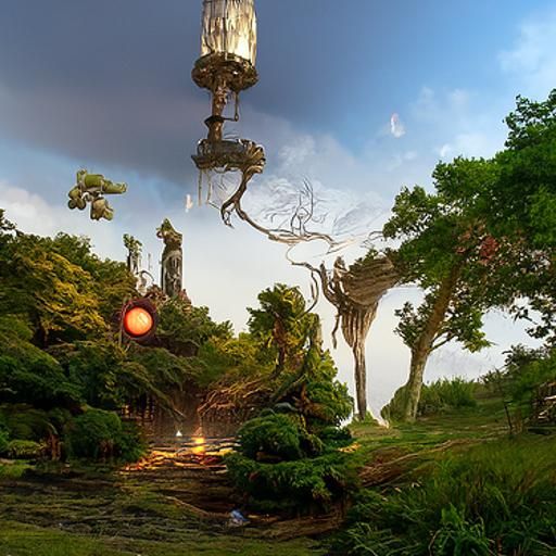 Sacred Geometry Tree in Cyberpunk Landscape