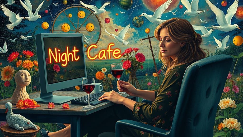 Tired Woman at Computer in Surreal Garden Style