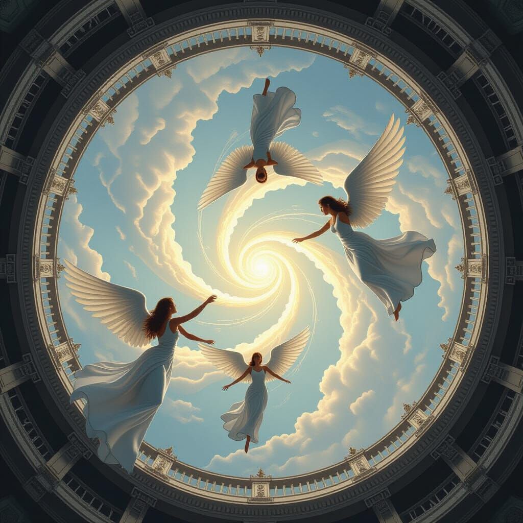 Angels Weaving Through Infinite Architecture