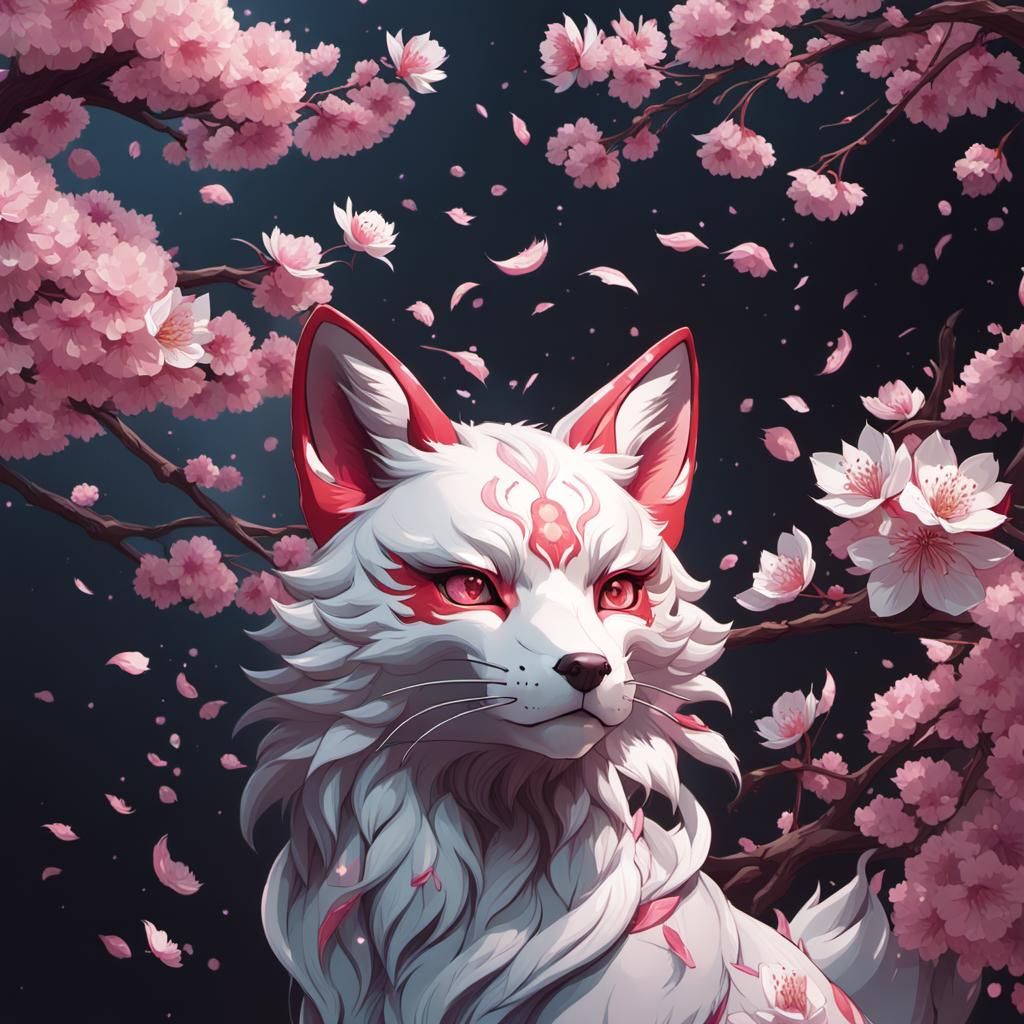 Cherry Blossom Kitsune Portrait in Hyperdetailed Style