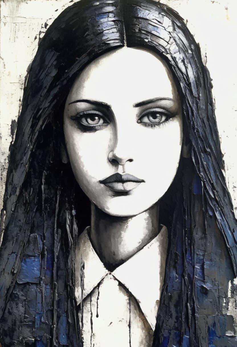 Sad Gothgirl Portrait in High Contrast Impasto Style