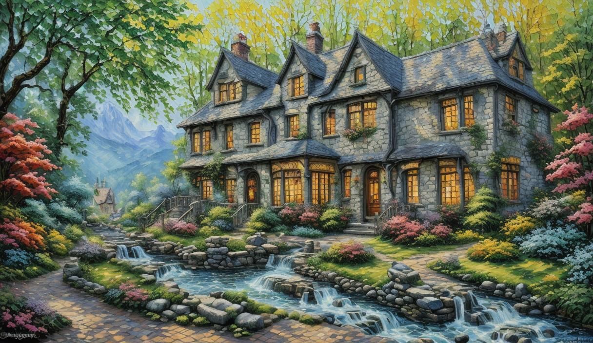 Schönes gemütliches Fantasie-Steinhaus in einem Frühlingswal...