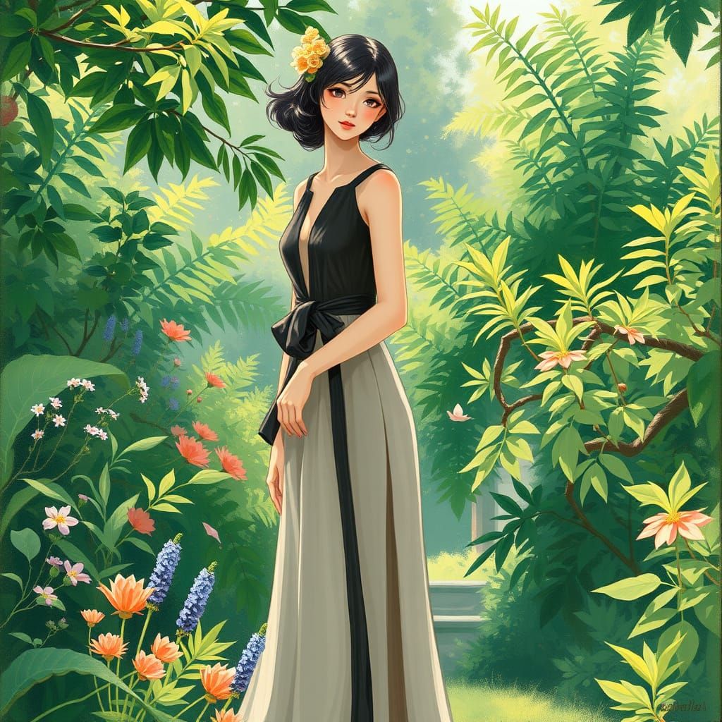 Elegant Woman in Lush Garden: Artistic Fusion
