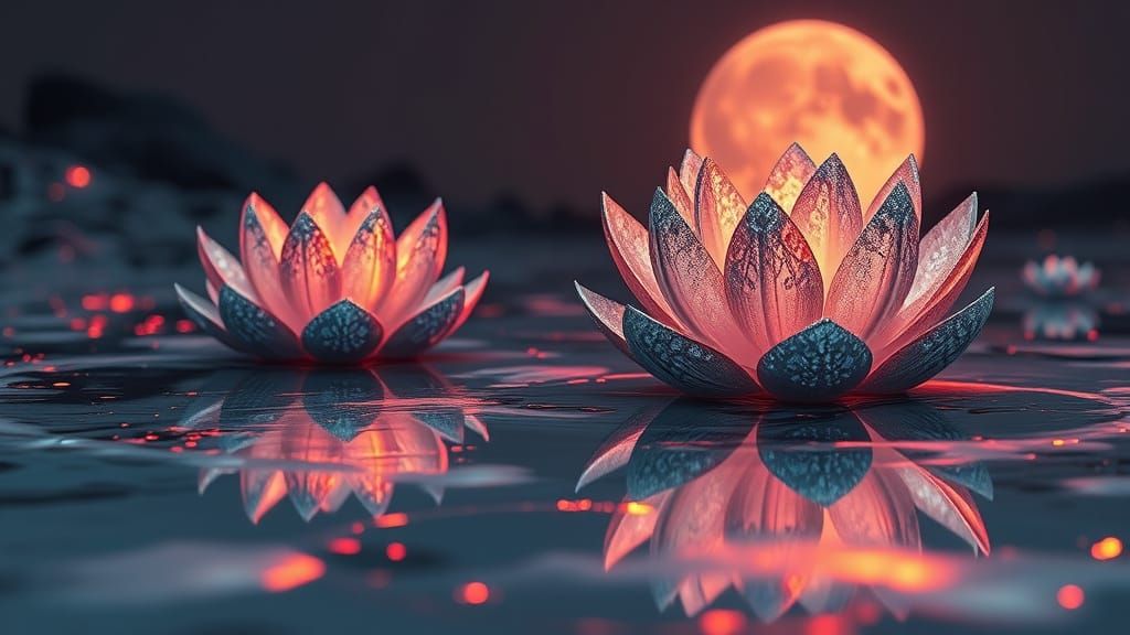 Silver Lotus Flowers on Molten Lava