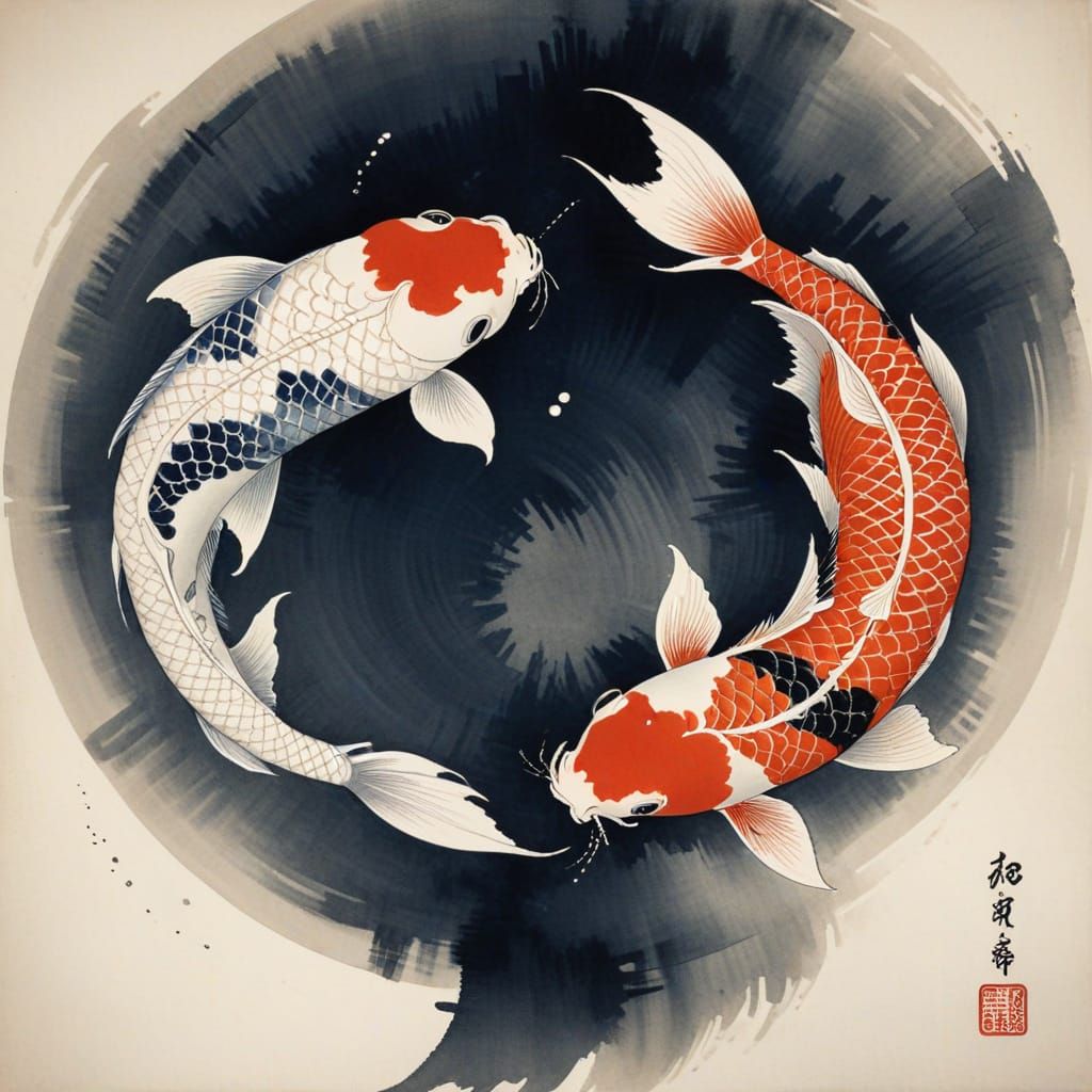 Koi Fish in Harmonious Balance, Ukiyo-e Style