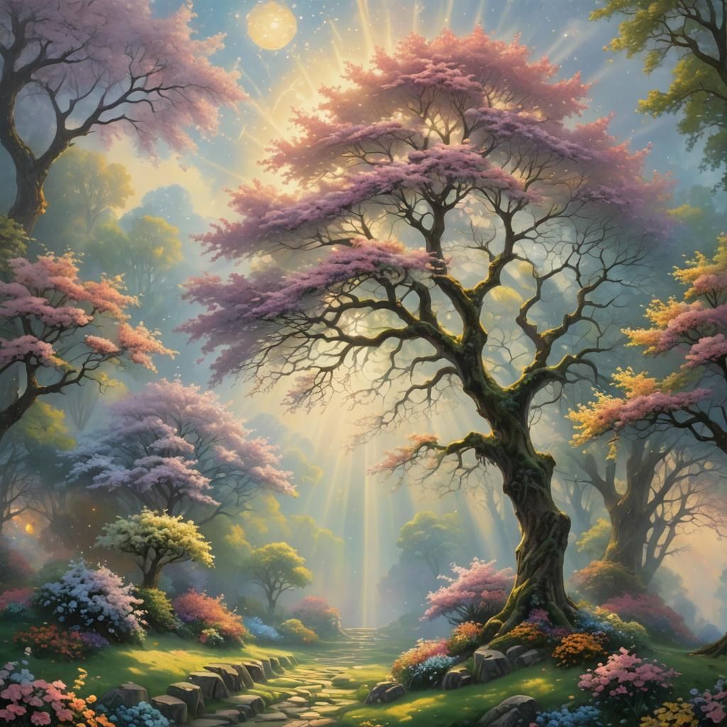 Fibonacci Blossoming Tree in Ethereal Luminism