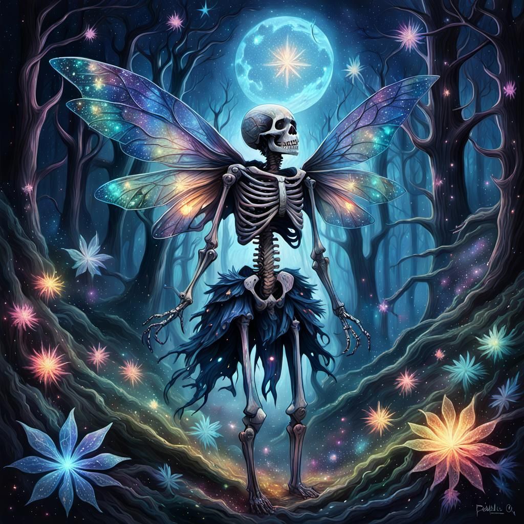Crystallized Skeleton Fairy Swept Away in Dark Forest