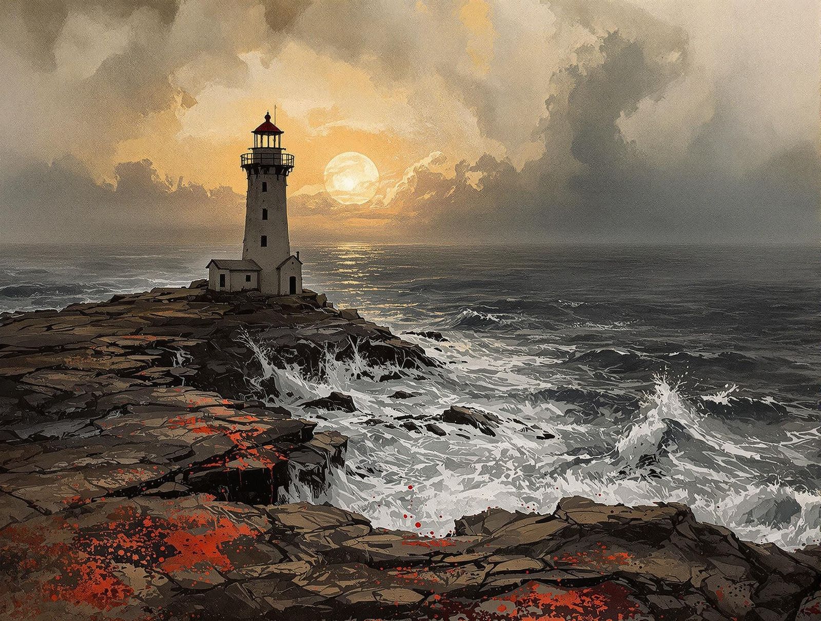 Abandoned Lighthouse Seascape in Impasto Encaustic Style