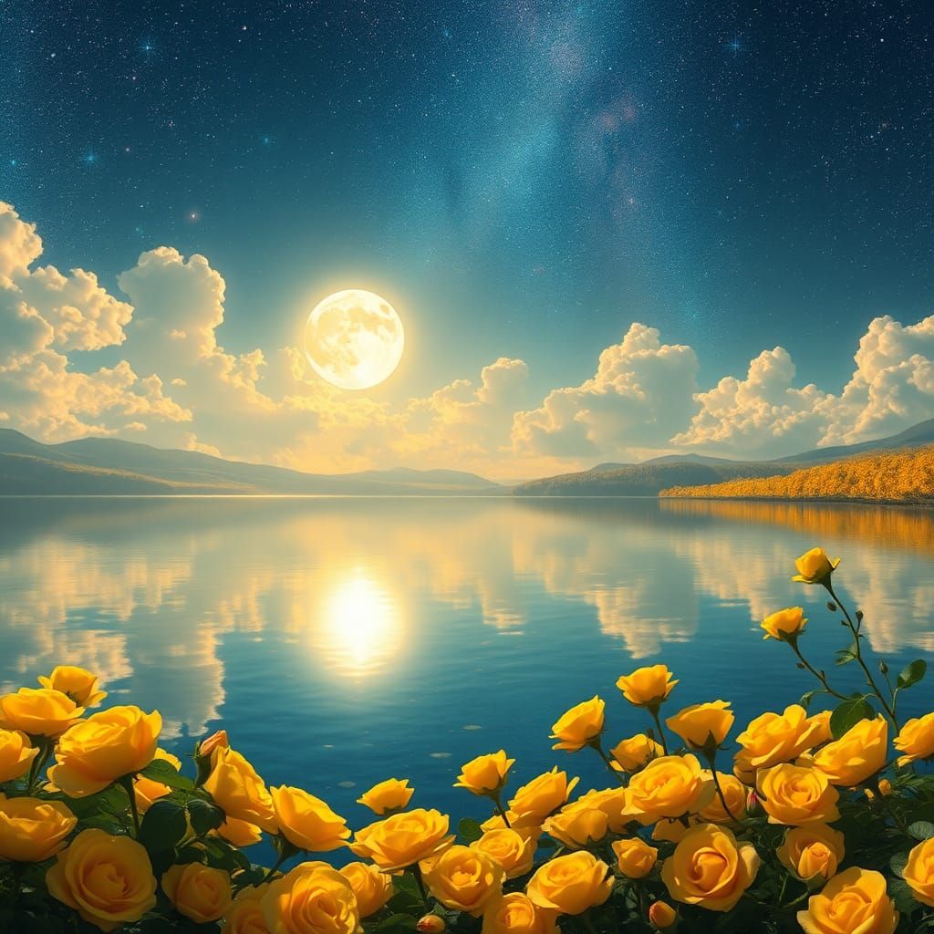 Ethereal Lake Surrounded by Roses Under Galaxy Sky