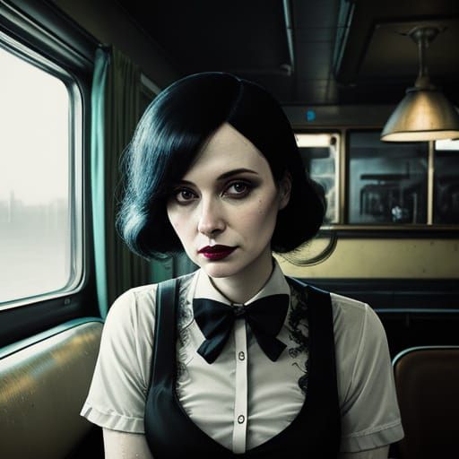 PORTRAIT, Retro ominous haunted diner waitress,  wet brush, ...