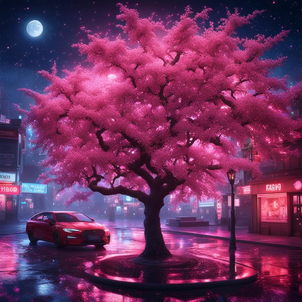 Cherry Tree in Neon City: Synthwave Digital Art