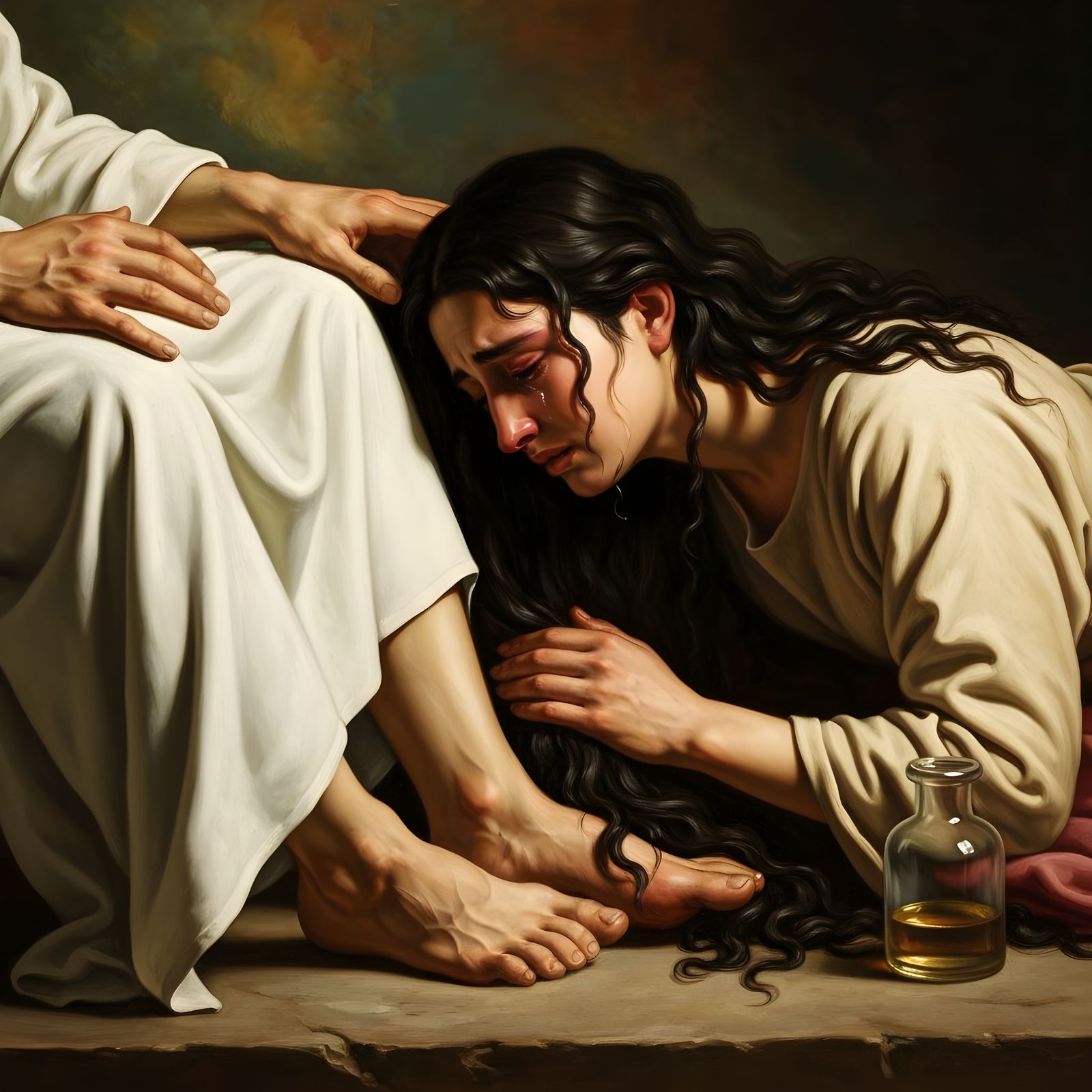 Biblical Scene: Woman Anoints Jesus' Feet