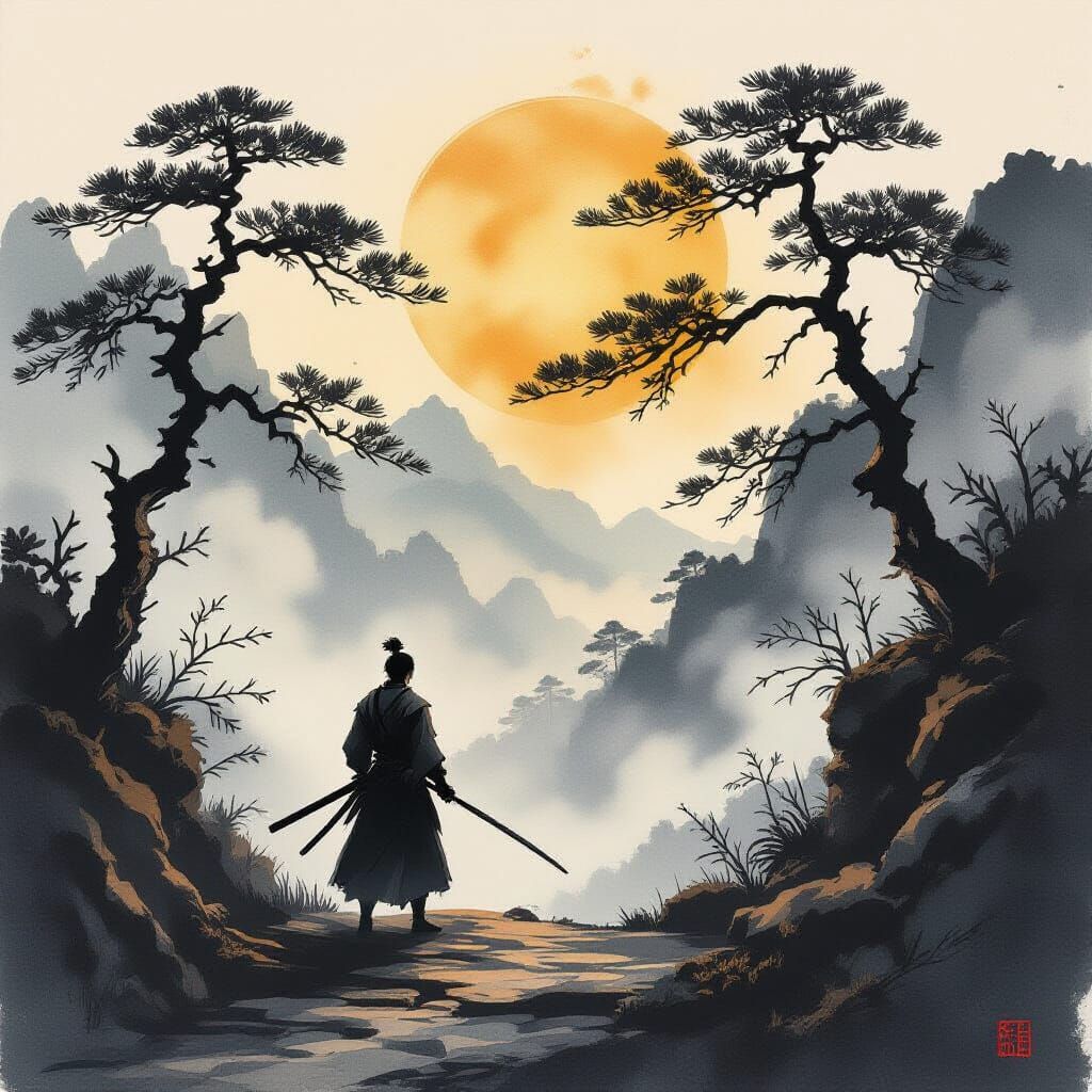 Samurai Warrior on Misty Mountain Path at Sunrise
