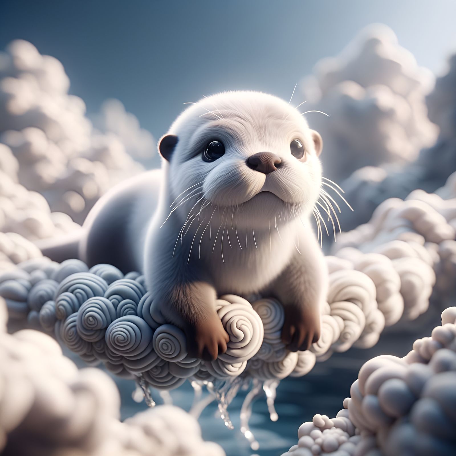 Adorable Cloud Otter Cub Flying: Claymation Style