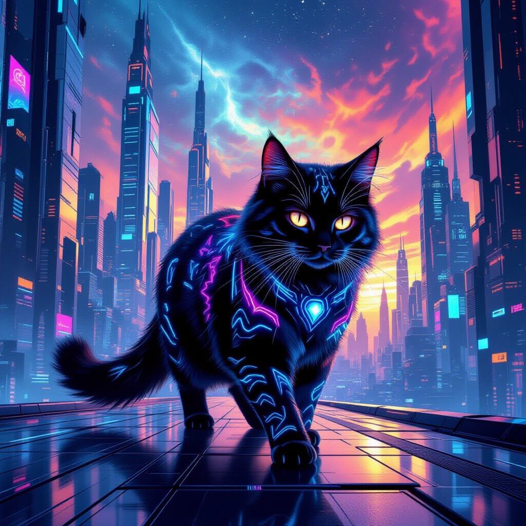 Cyberpunk Cat Prowls Futuristic Cityscape