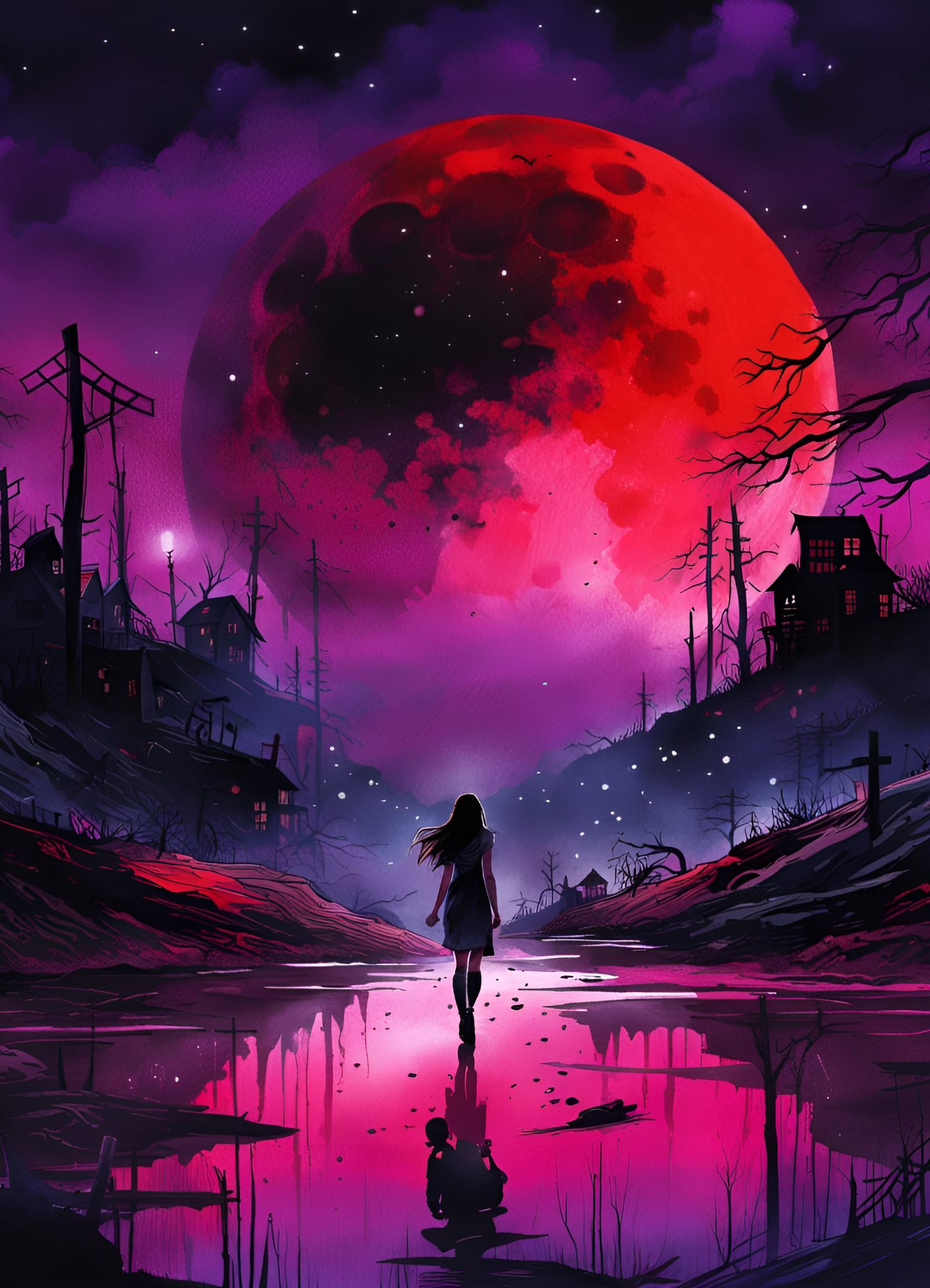 Bloodstained Sky Reflected in Crimson Pools: Gothic Horror