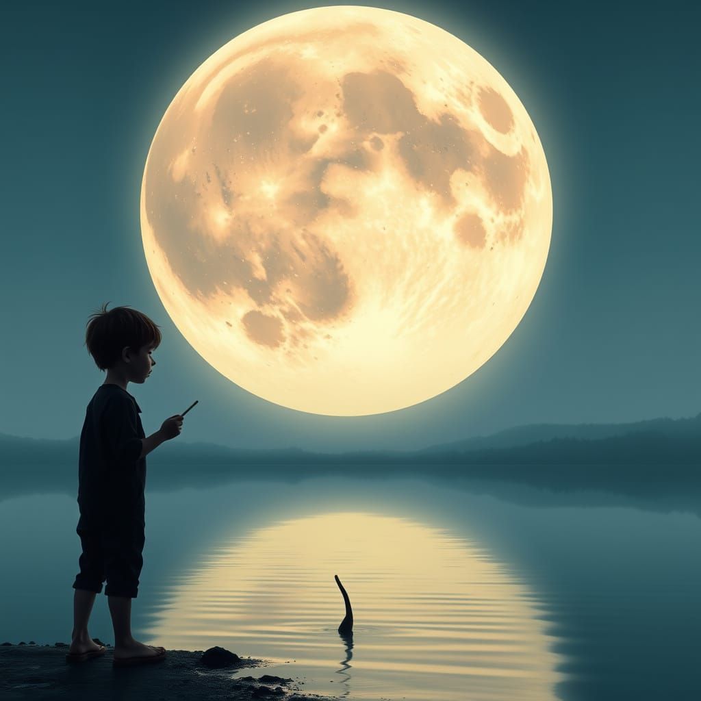 Child Silhouetted by Moon in Dreamlike Cinematic Style