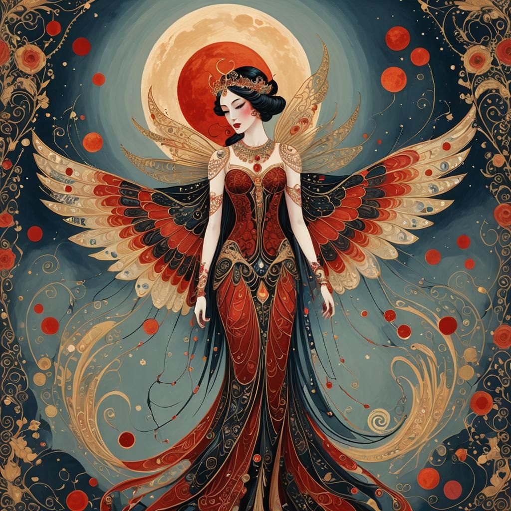 Blood Moon Fairy with Giant Wings in Art Deco Style