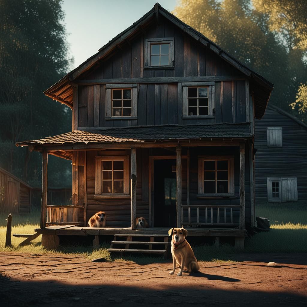 Dog Portrait Outside Old House in Cinematic Style