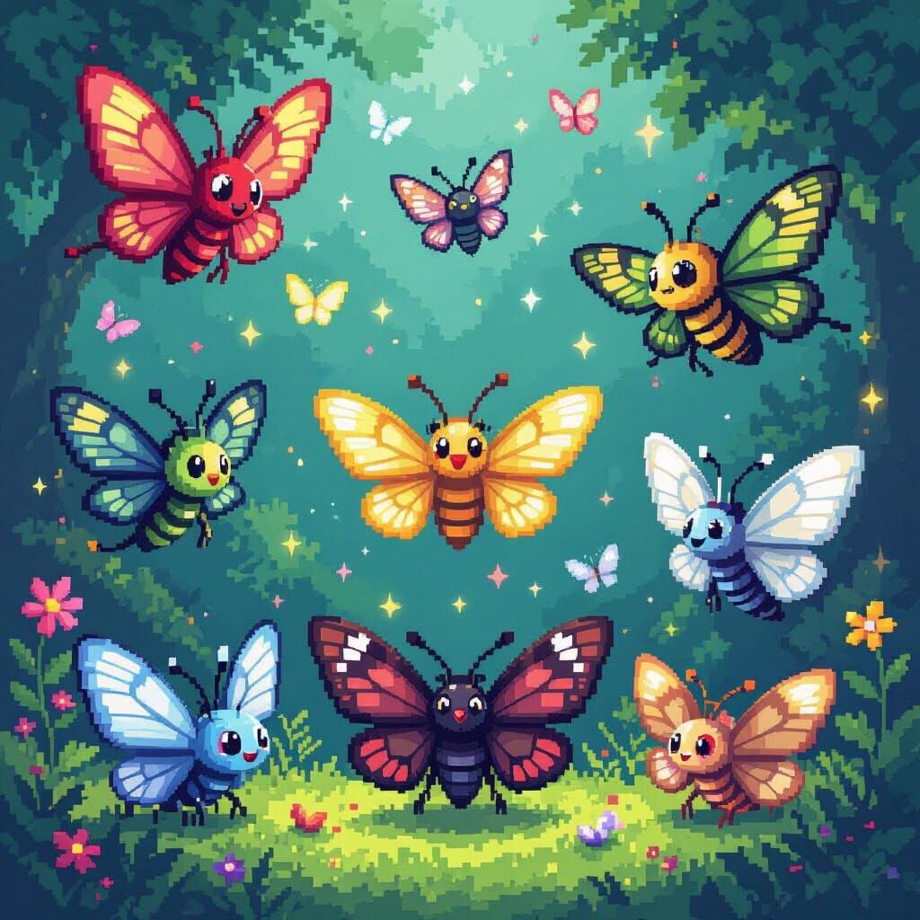 Vibrant Pixel Art Moths in Festive Celebration