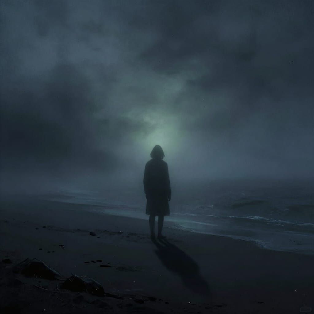 Melancholy Figure on Foggy Shore