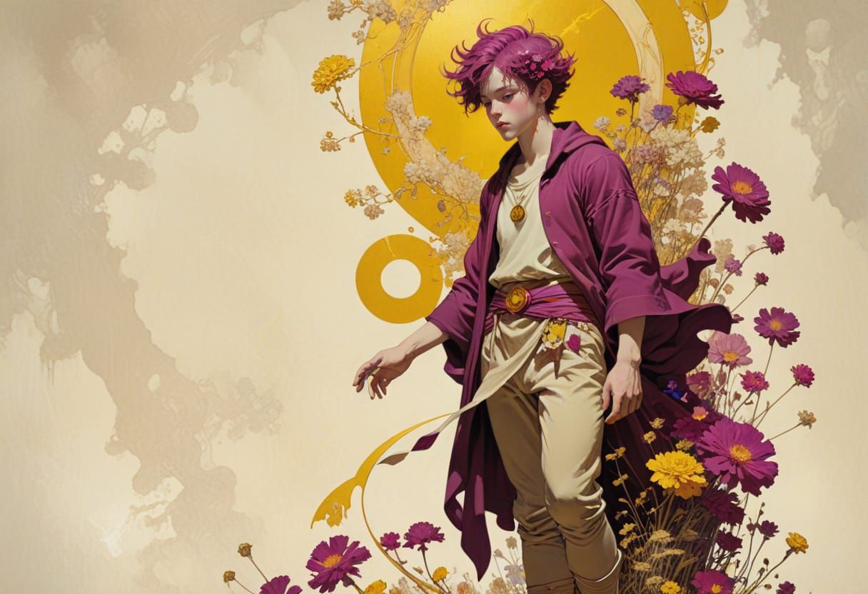 Boy with arcane symbol, dry flowers and glitch art ,beige, magenta, yellow By James Jean, dynamic pose Winsor Mccay comi...
