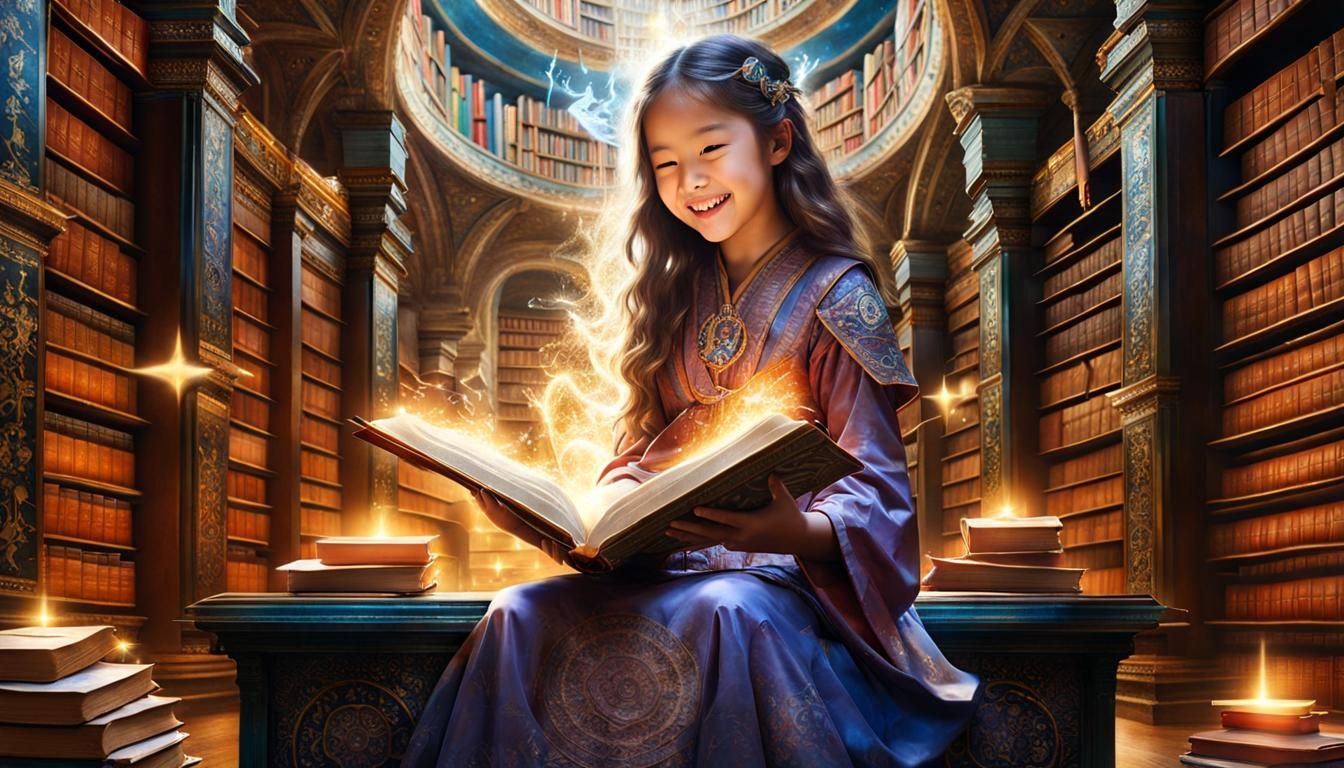 Playful Apprentice Mage in Ancient Library