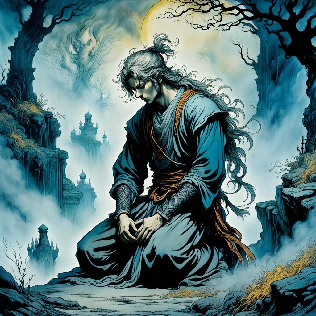 Fantasy Man Kneeling in Mist, Anime Style