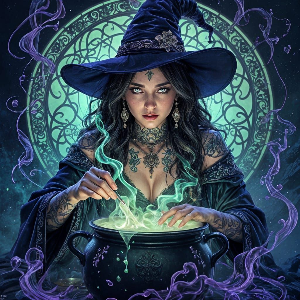 Enchanting Witch Brews Bioluminescent Potion, Art Nouveau St...
