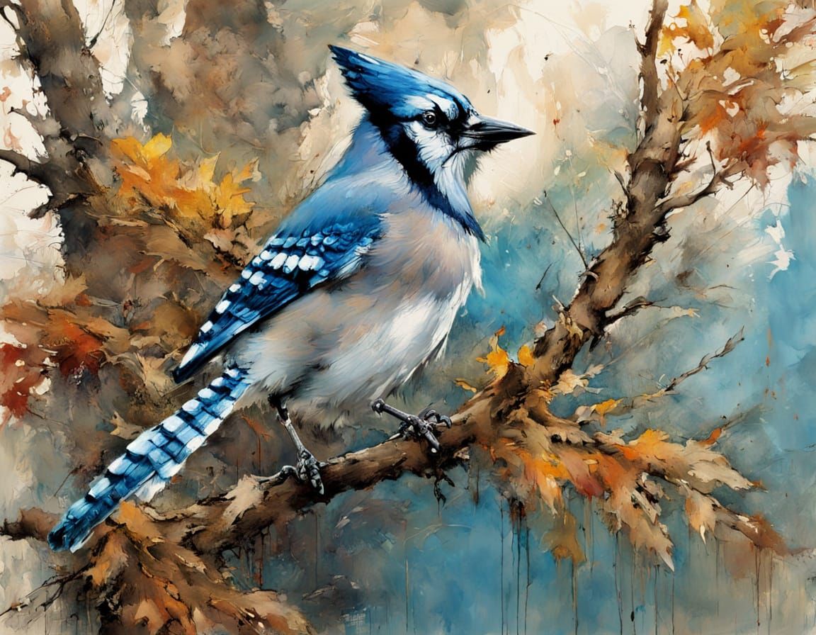 Autumn Blue Jay in Vibrant Expressionist Oil Painting