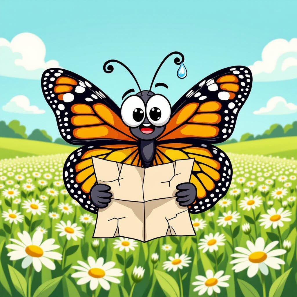 Cartoon Butterfly Confused by Endless Daisies