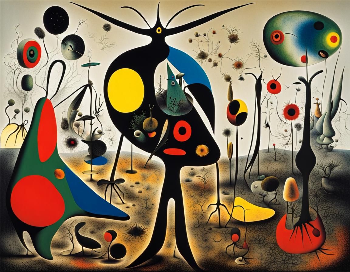 Dreamlike Mantis in Mirrored Surreal Space, Miró-inspired