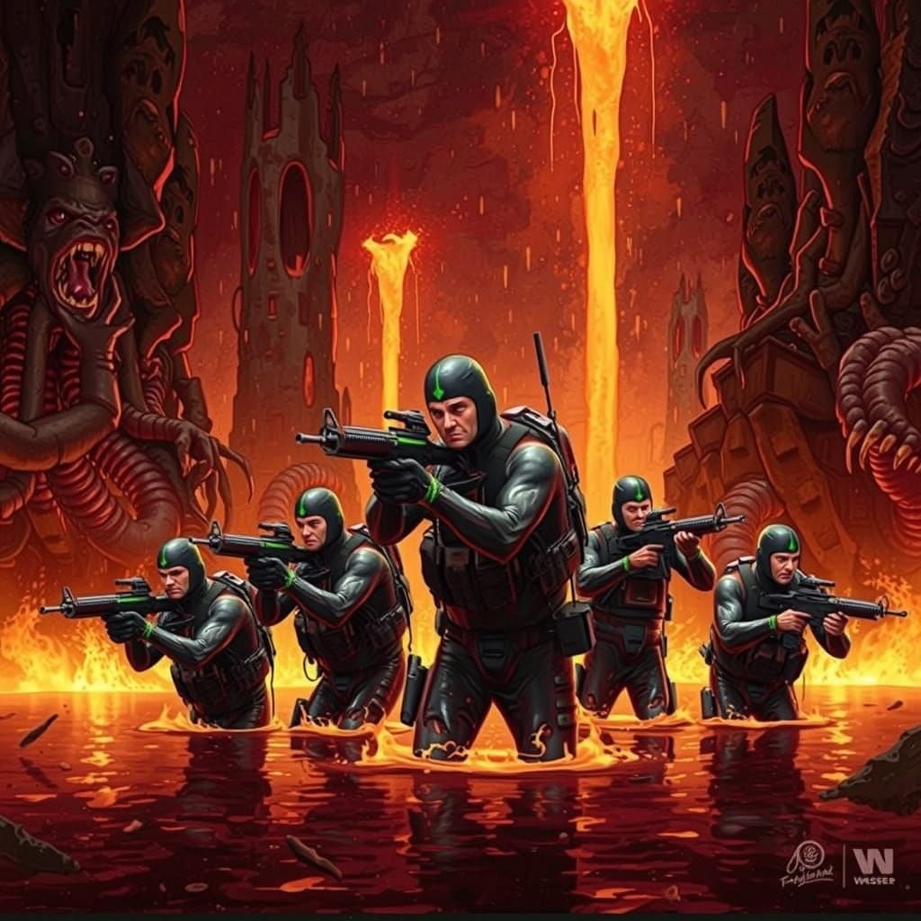 Operatives Emerge from Lake of Fire in Biomechanical Style