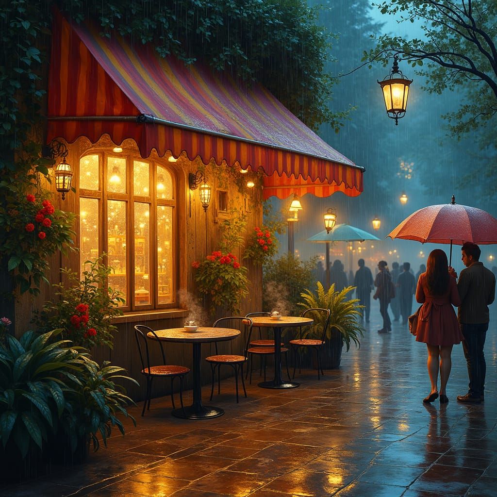 Rainy Night Cafe with Romantic Candlelight Glow