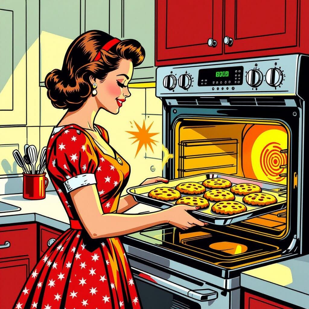 Retro Woman Baking Holiday Cookies in Comic Art Style