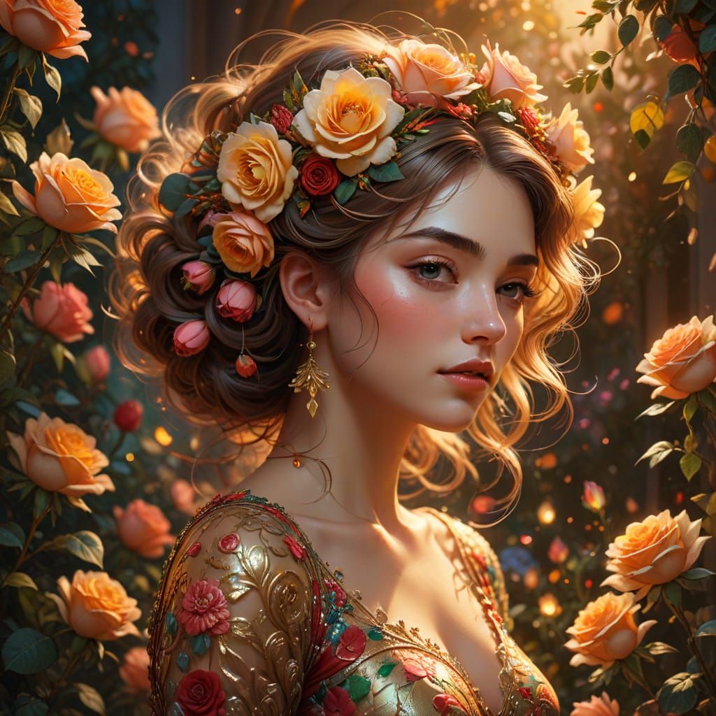 Woman Adorned with Lush Roses, Ethereal Glow