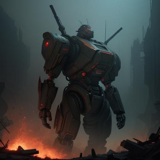 Dystopian Sci-Fi Robot Warrior in Ruins