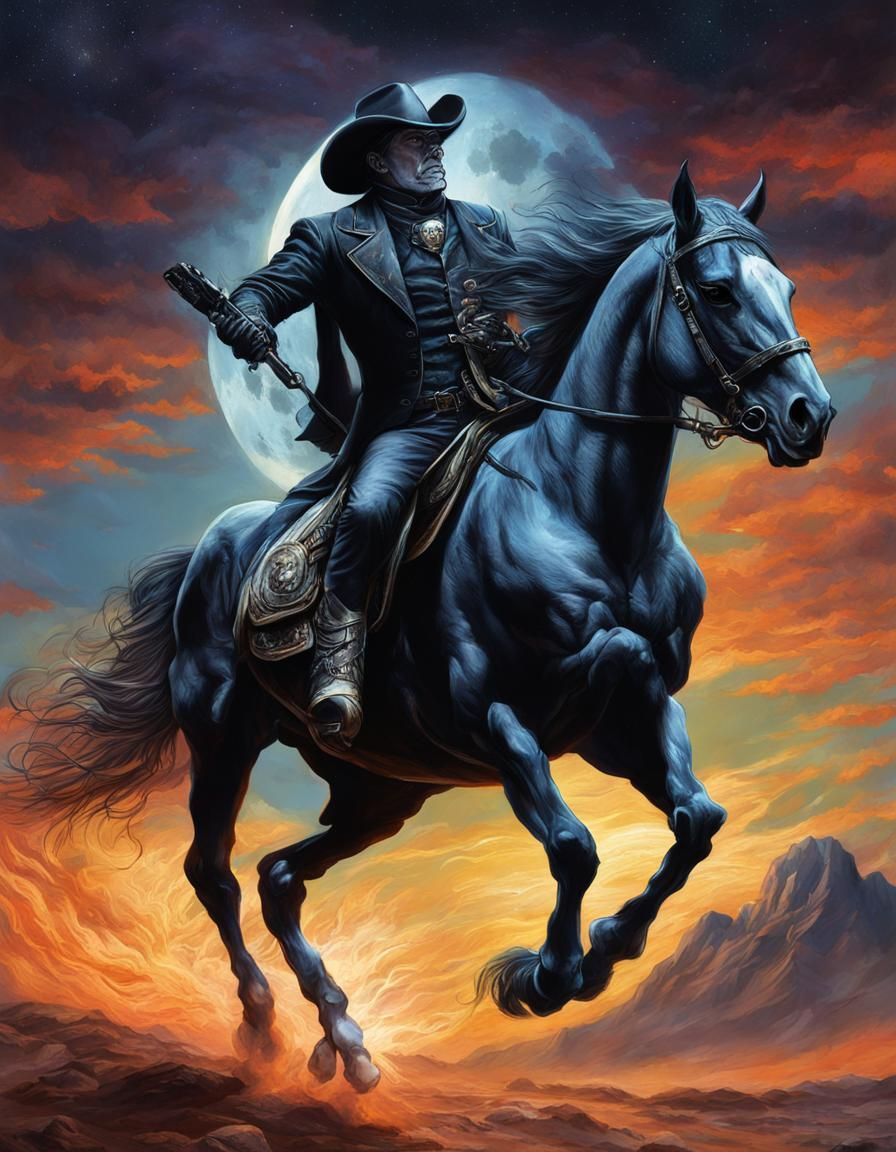 Surreal Cowboy Rides Horse Under Moonlit Sky