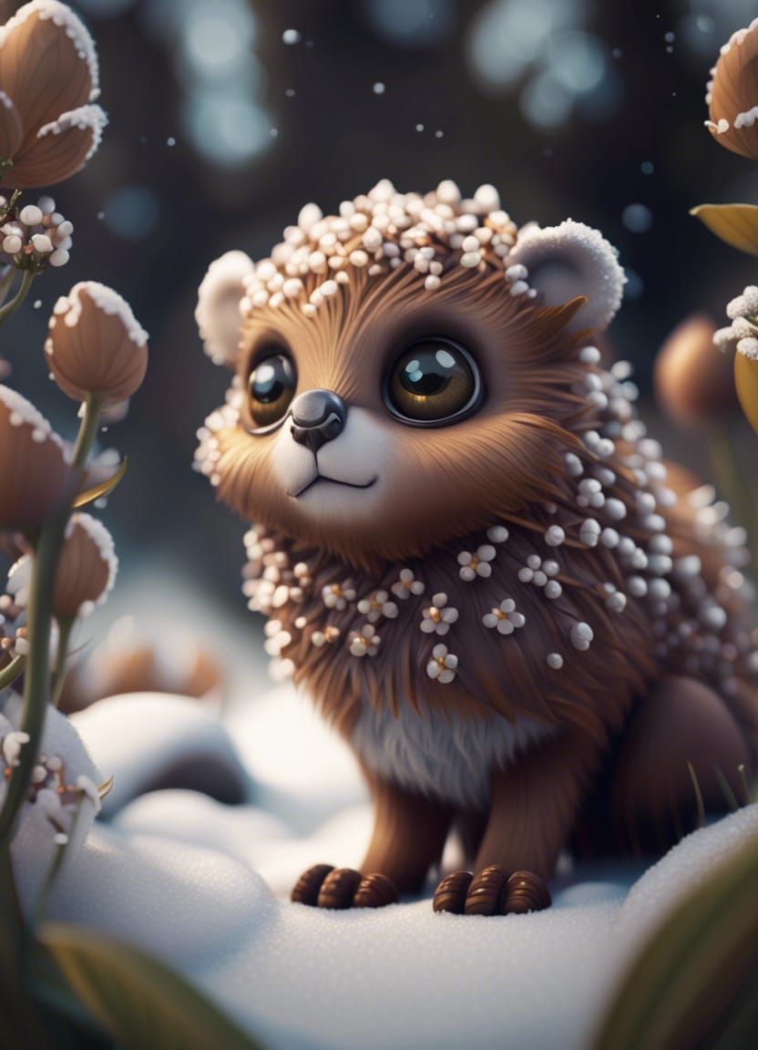Cute Fantasy Creature in Snow, Hyperrealistic Close-Up