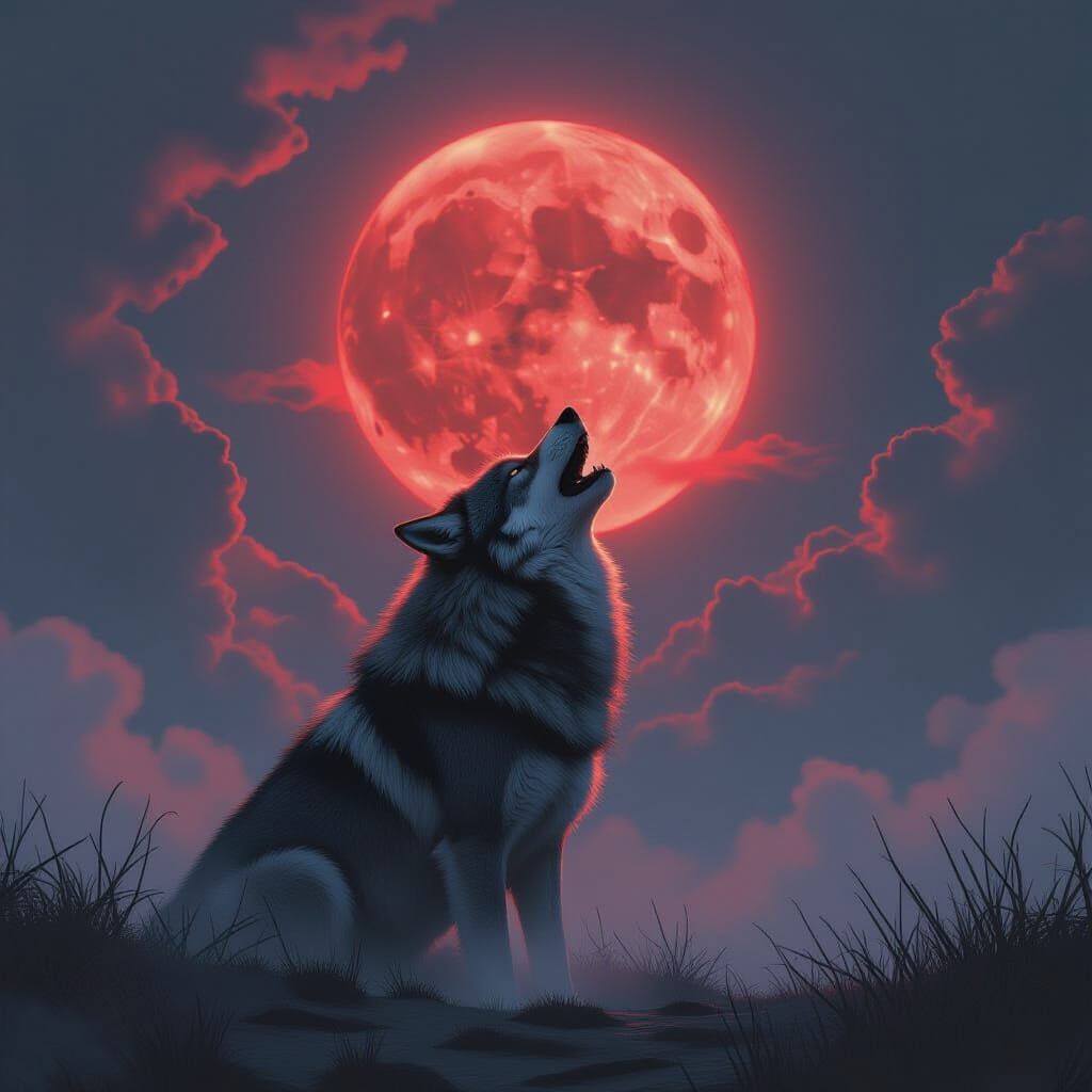 Wolf Howling at Blood Moon in Grimdark Style