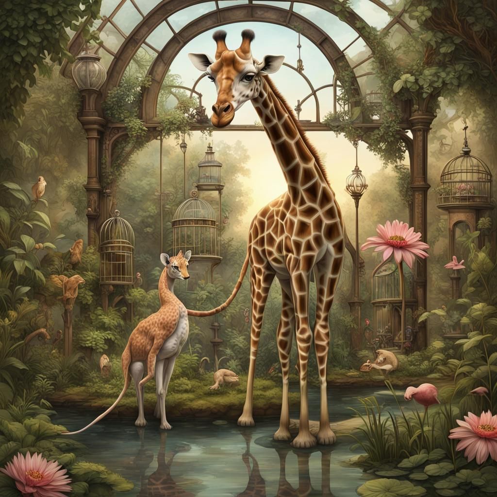 Giraffe and Mouse Embrace in Steampunk Fairy Garden