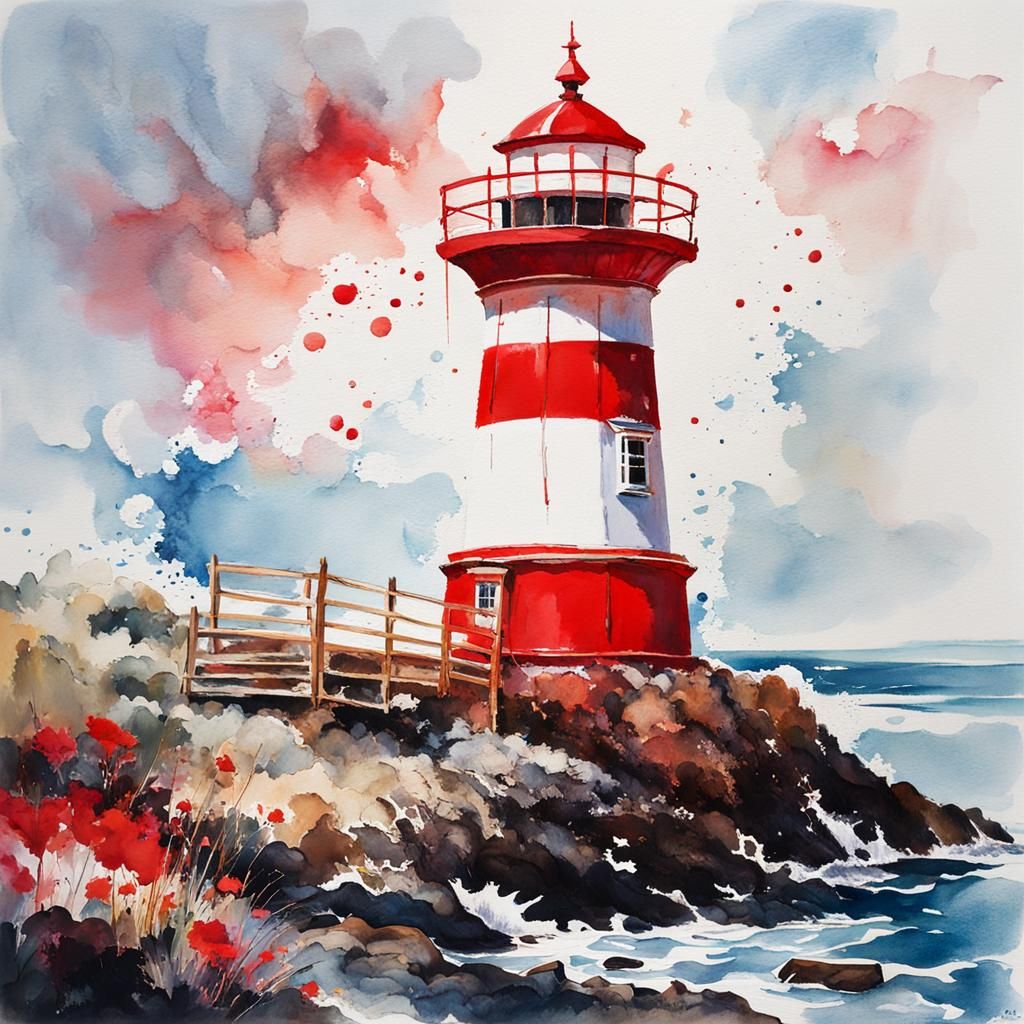 Red and White Lighthouse in Gouache and Watercolor Style